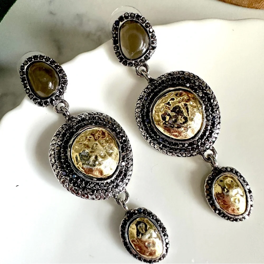2/$30🌵 Antiqued Silver & Gold Neutral Stone Earrings Hammered Bohemian Gift NEW